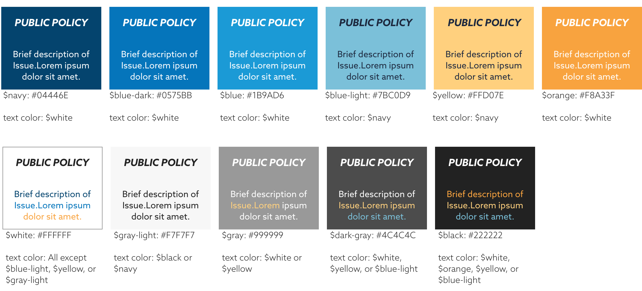 Color palette of public policy project. Includes hex numbers and shows various combinations of different color text on different color backgounds.