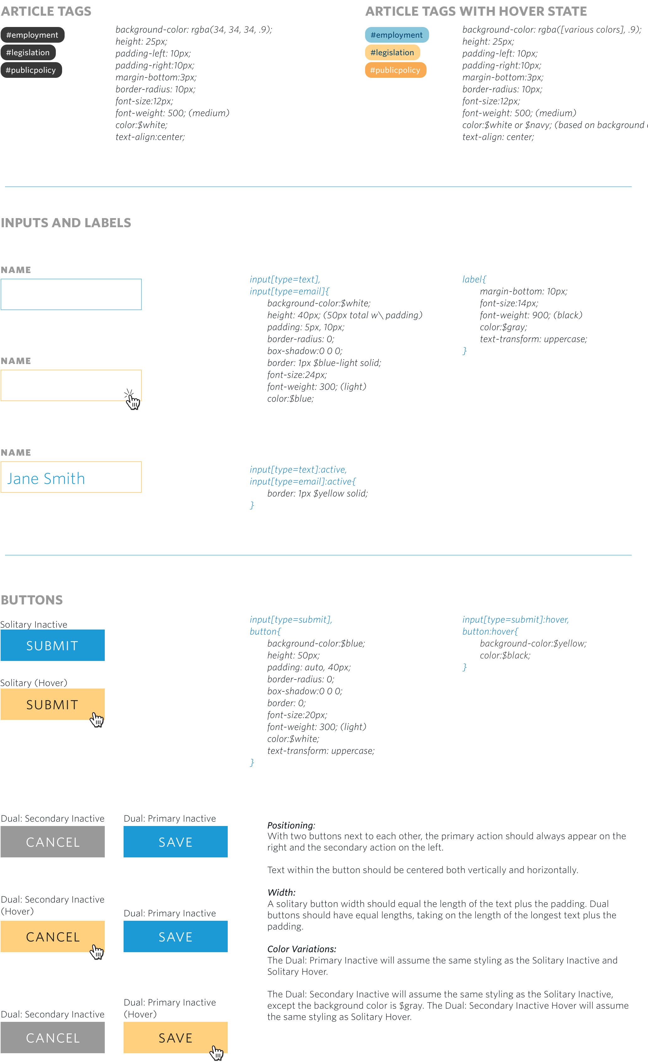 Design elements from styleguide marking out specific visual design elements such as Article Tags, Inputs and Labels, and Buttons