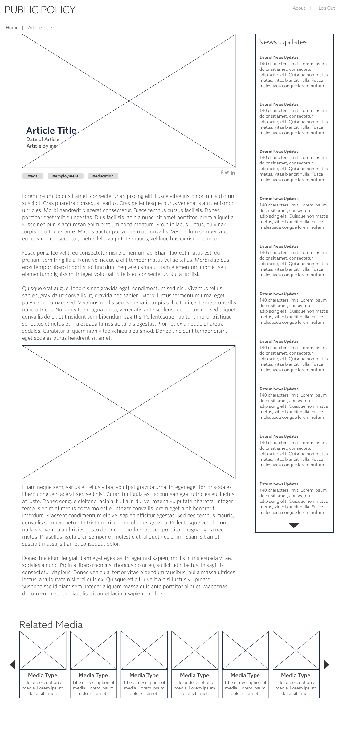 Wireframe design for the media/story page of the Public Policy site