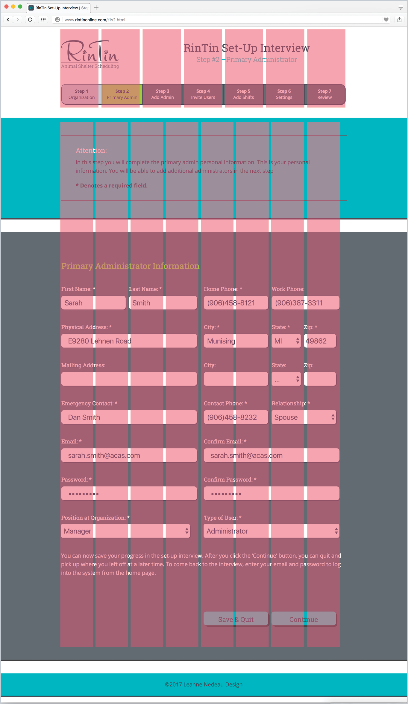 RinTin page with overlapping pink transparent vertical blocks to distinguish the grid structure of the project