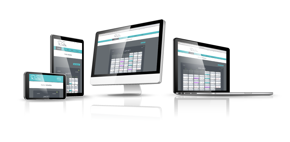 Desktop, laptop, tablet, mobile phone all displayed with RinTin calendar page loaded