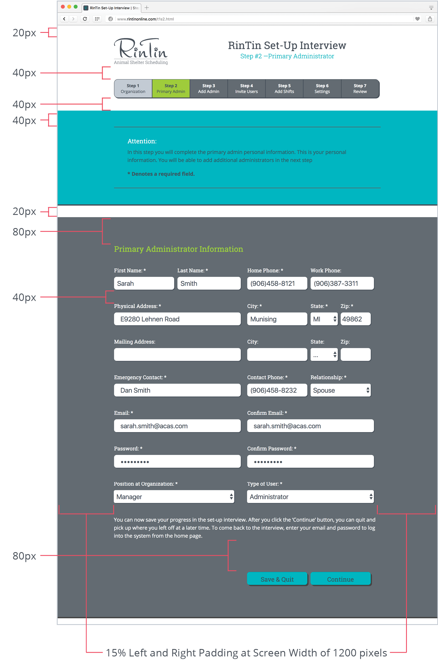 RinTin page with indications of the spacing sizes