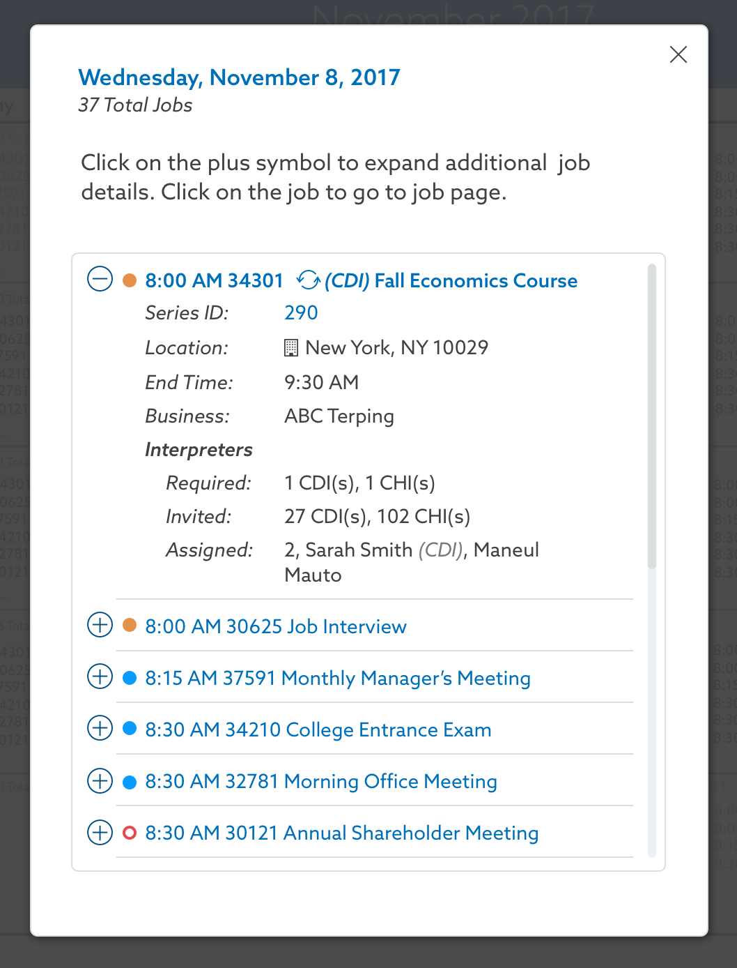 UI View of Terp Scheduling Agency Calendar — Month View Modal Overlay. View achieved by clicking the "ViewAll" link any any date