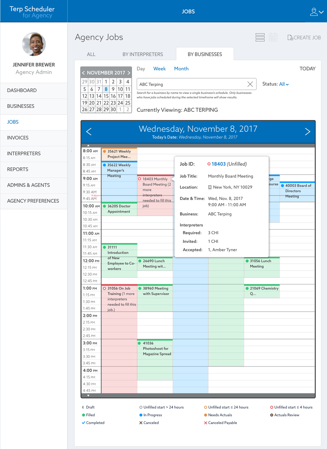 UI View of Terp Scheduling Agency Calendar View — Day View, viewing by Single Business