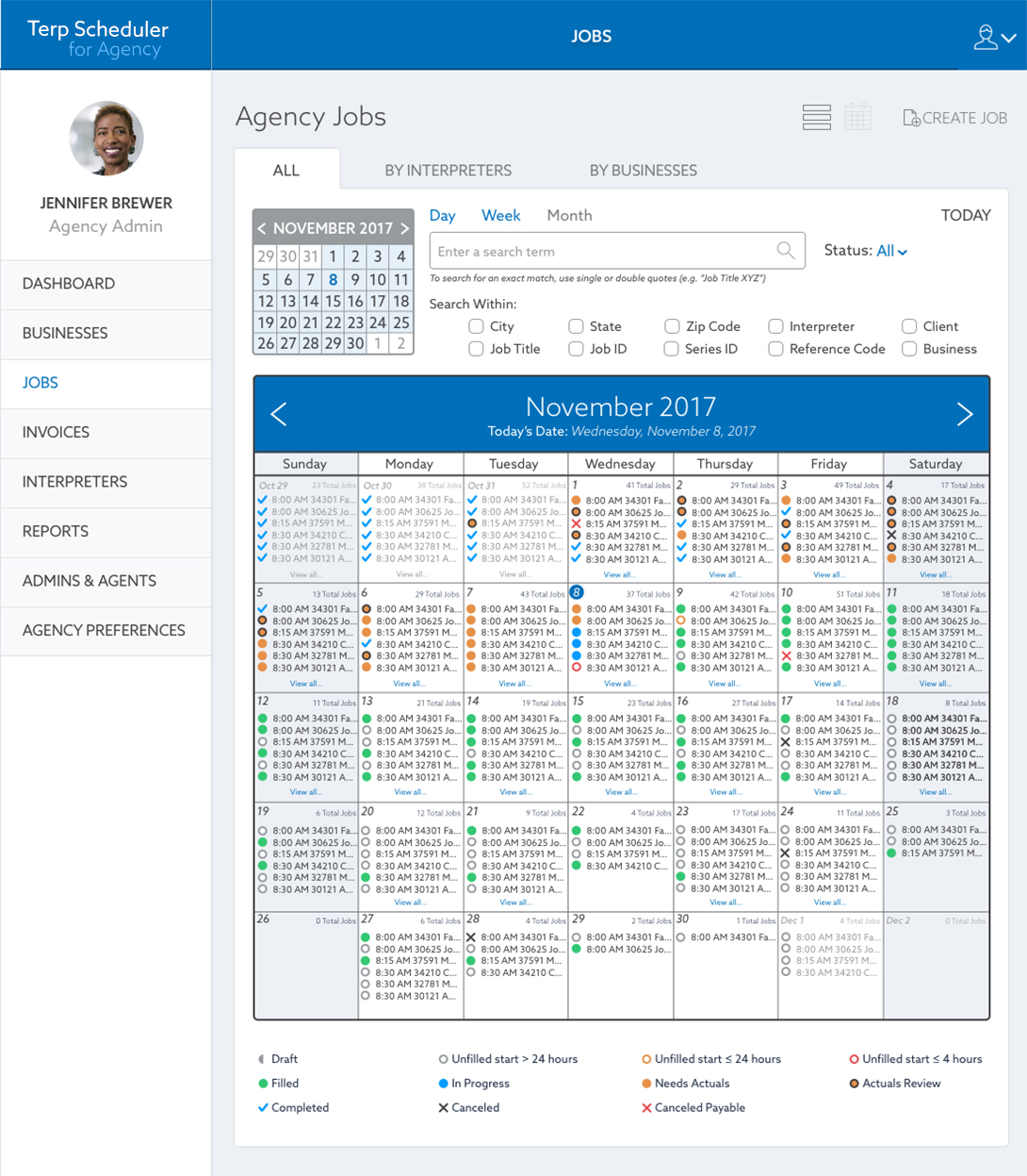 UI View of Terp Scheduling Agency Calendar View — Month View, viewing by All Jobs