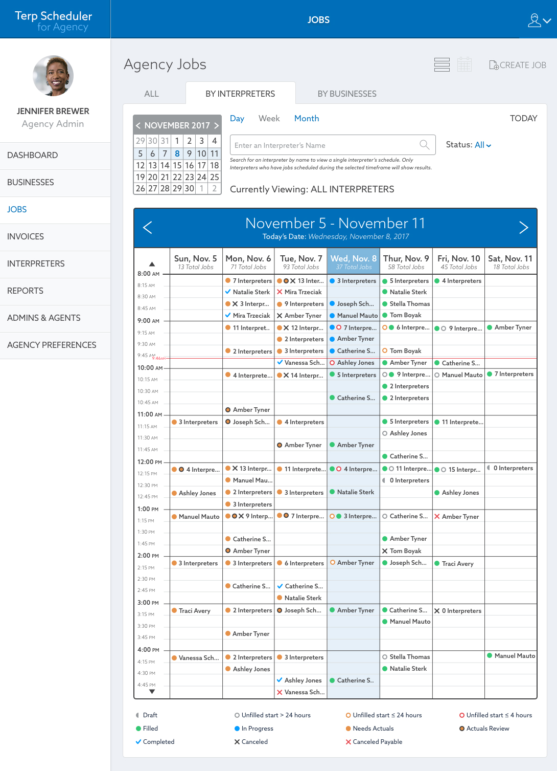 UI View of Terp Scheduling Agency Calendar View — Week View, viewing by All Terps