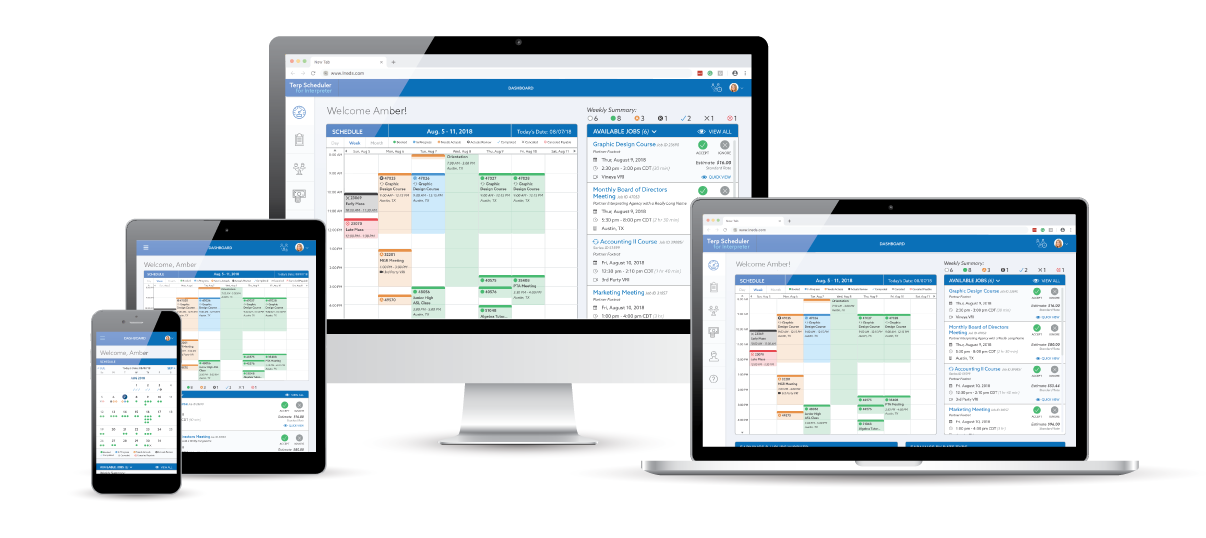 Terp Scheduler UI - Interpreter Dashboard displayed on Large Desktop Monitor, Laptop Monitor, Tablet, and Mobile Phone