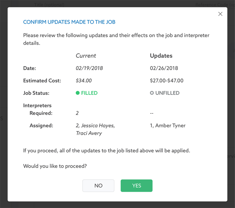 UI Modal showing user the current job details (before the edits) and the updates made to the job because of the edits.