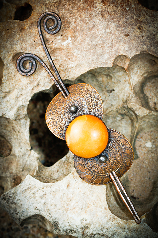 Double Brass Disk and Sunstone Hairpiece