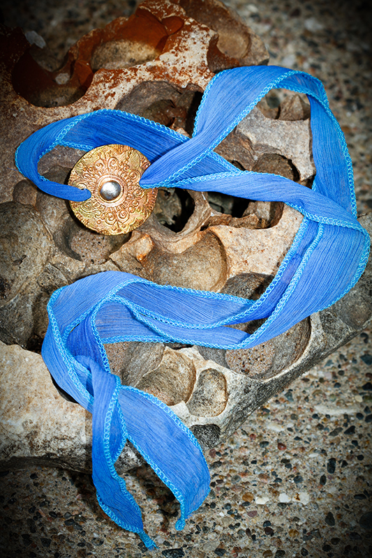 Etched Brass Disk on Blue Universal Ribbon